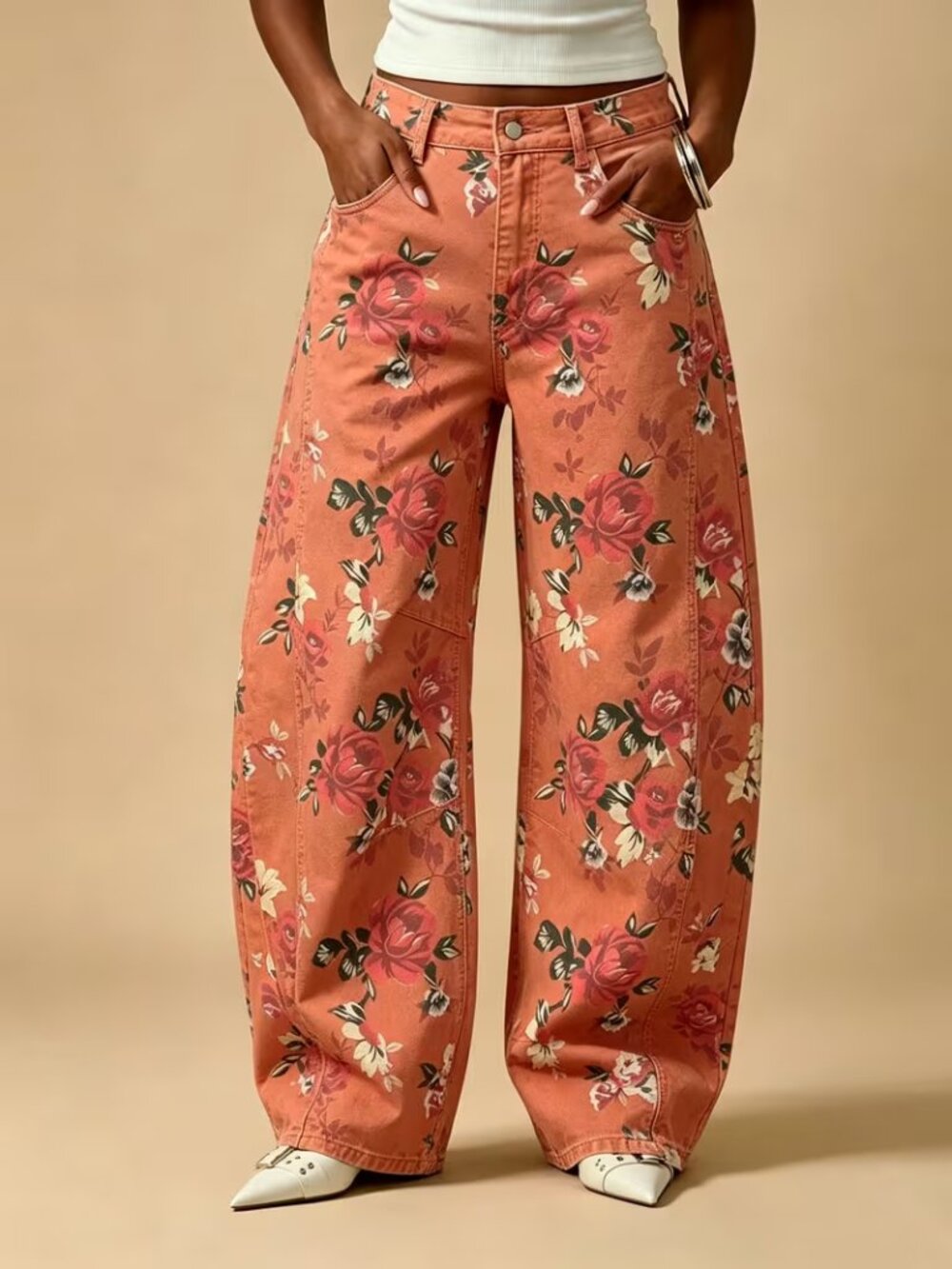 Retro Warm Orange Tone Boho Rose Floral Wide Leg Jeans